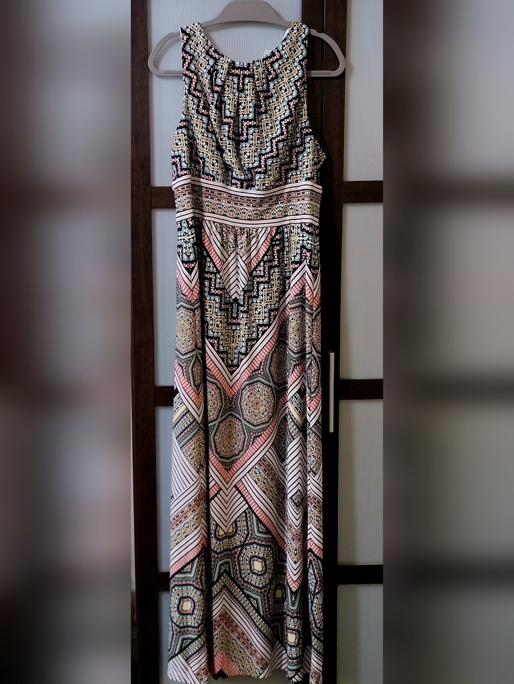London Times Geo-Print Maxi Dress in Pink, Black, Cream